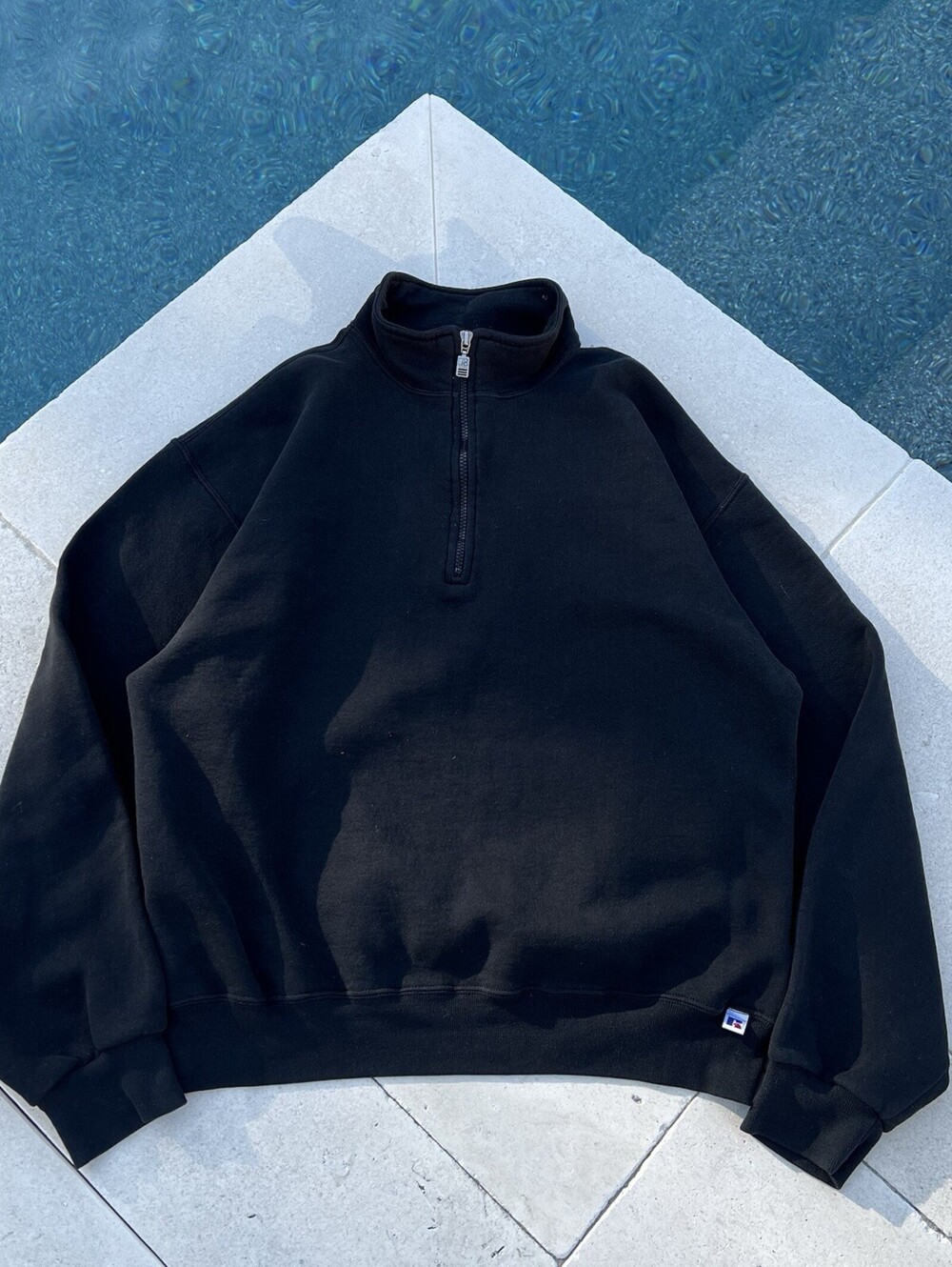 Vintage 90s Russell Athletic Mens Black 1/4 Zip Pullover Sweatshirt Large L
